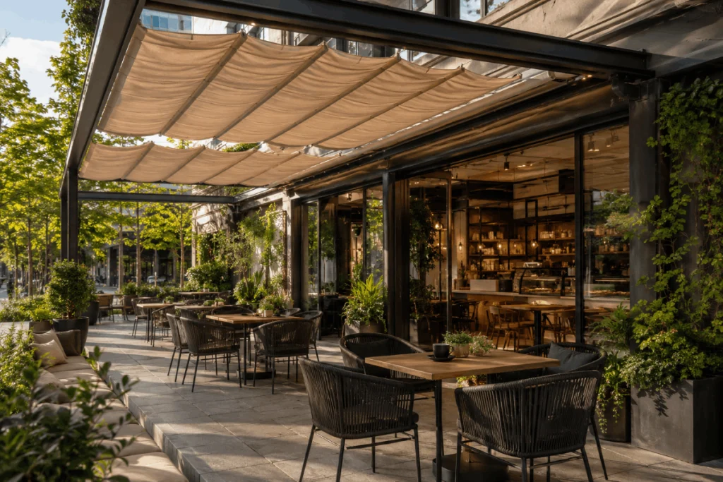 ออกแบบหลังคาผ้าใบร้านกาแฟให้กันแดดกันฝนและสวย
